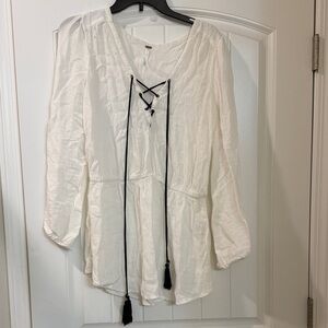 Free People Cream Blouse with Black Tassels